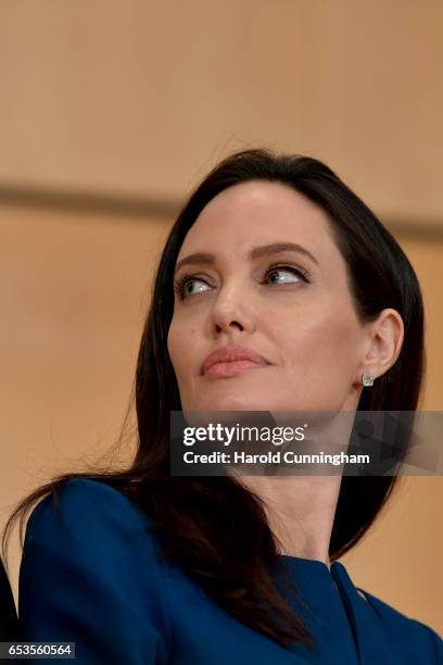 Special Envoy Angelina Jolie prepares to speak at the annual lecture of the Sergio Vieira De Mello Foundation held at the United Nations Office at...