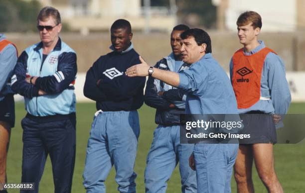 England manager Graham Taylor gestures as assistant Lawrie McMenemy looks on during a training session ahead of an International Match against Turkey...