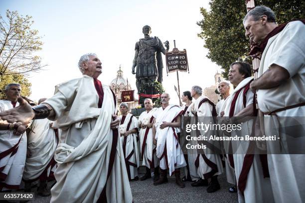 Members of the Gruppo Storico Romano, take part in the reenactment of Julius Casear assassination on March 15, 2017 in Rome, Italy.