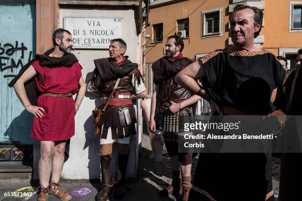 Members of the Gruppo Storico Romano, take part in the reenactment of Julius Casear assassination on March 15, 2017 in Rome, Italy.