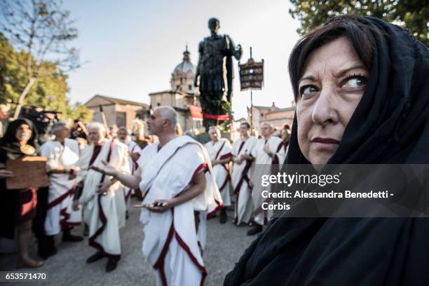 Members of the Gruppo Storico Romano, take part in the reenactment of Julius Casear assassination on March 15, 2017 in Rome, Italy.