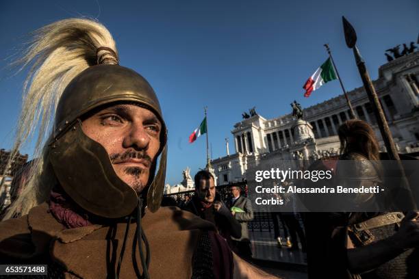 Members of the Gruppo Storico Romano, take part in the reenactment of Julius Casear assassination on March 15, 2017 in Rome, Italy.