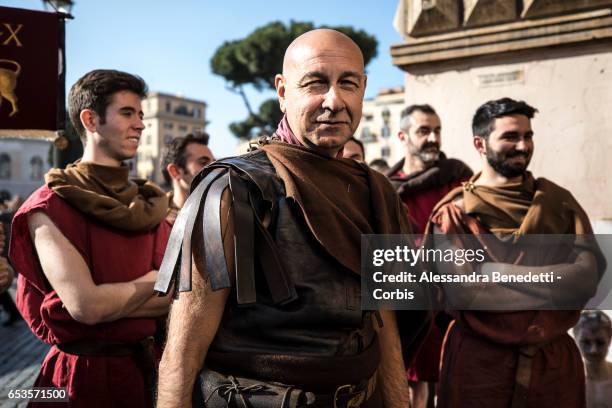 Members of the Gruppo Storico Romano, take part in the reenactment of Julius Casear assassination on March 15, 2017 in Rome, Italy.