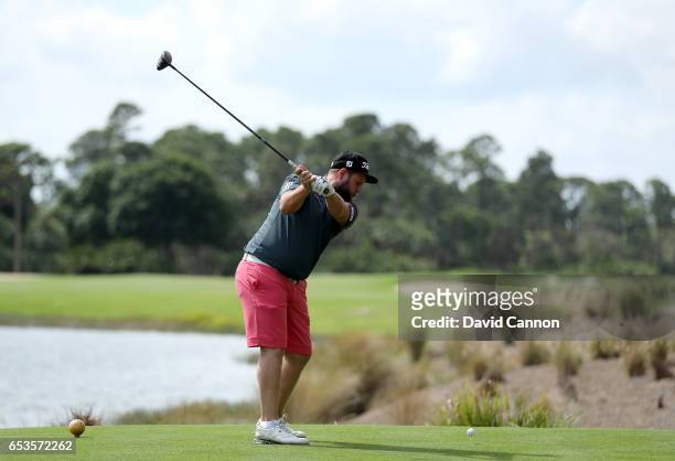 Andrew Johnson of England plays a driver during the Els for Autism pro-am at the Old Palm Golf Club Open on March 13, 2017 in West Palm Beach,...