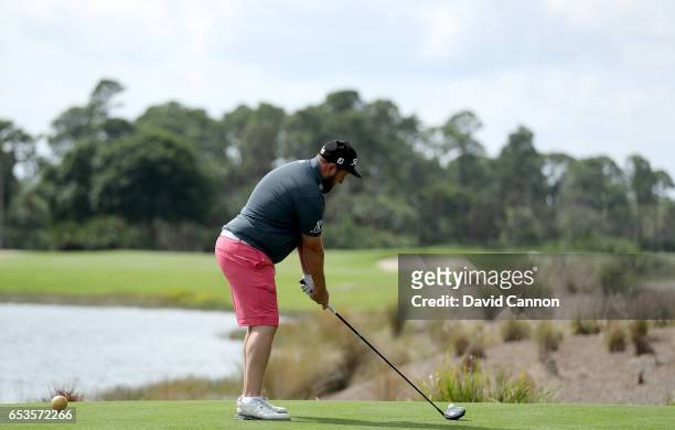 Andrew Johnson of England plays a driver during the Els for Autism pro-am at the Old Palm Golf Club Open on March 13, 2017 in West Palm Beach,...