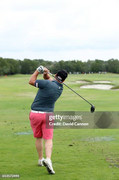 Andrew Johnson of England plays a driver during the Els for Autism pro-am at the Old Palm Golf Club Open on March 13, 2017 in West Palm Beach,...