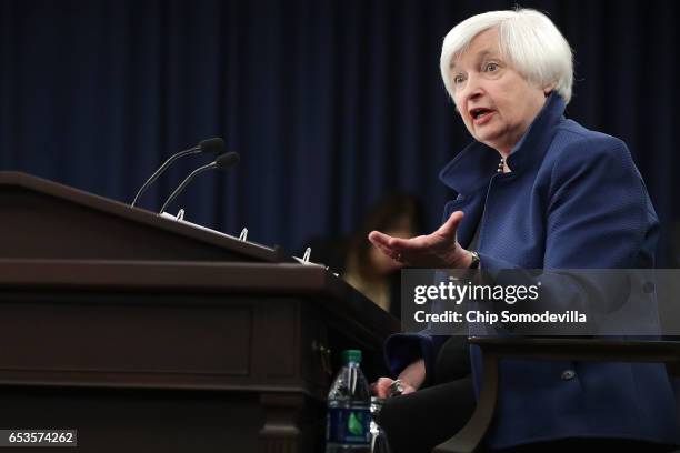 Federal Reserve Board Chairwoman Janet Yellen holds a news conference following a meeting of the Federal Open Market Committee March 15, 2017 in...