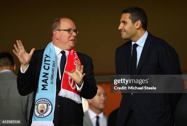 Prince Albert II of Monaco in discussion with Manchester City chairman Khaldoon Al-Mubarak prior to the UEFA Champions League Round of 16 second leg...