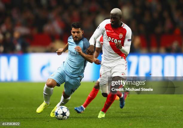 Sergio Aguero of Manchester City takes on Tiemoue Bakayoko of AS Monaco during the UEFA Champions League Round of 16 second leg match between AS...