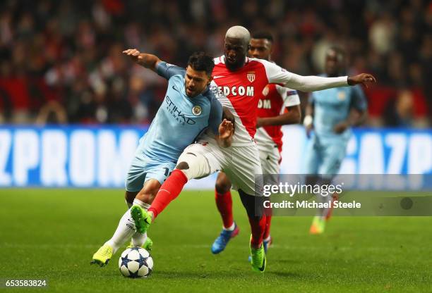 Sergio Aguero of Manchester City takes on Tiemoue Bakayoko of AS Monaco during the UEFA Champions League Round of 16 second leg match between AS...