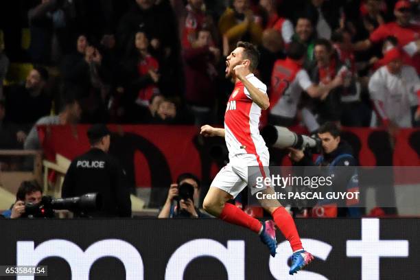 Monaco's Portuguese midfielder Bernardo Silva celebrates after his team scored a goal during the UEFA Champions League round of 16 football match...