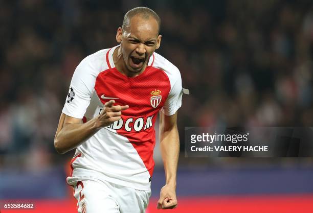 Monaco's Brazilian defender Fabinho celebrates after scoring a goal during the UEFA Champions League round of 16 football match between Monaco and...