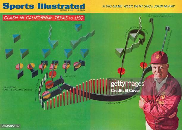 October 2, 1967 Sports Illustrated via Getty Images Cover: College Football: Portrait of USC coach John McKay during photo shoot. Illustration of...