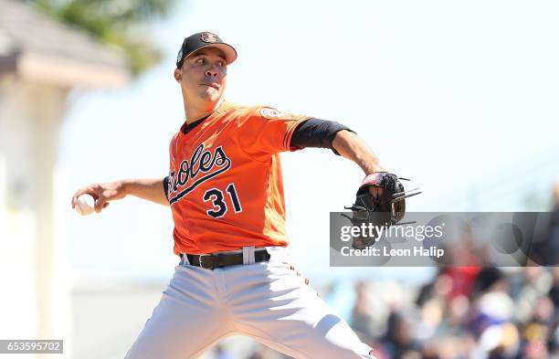 Ubaldo Jimenez of the Baltimore Orioles pitches in the second inning of a spring training game against the Pittsburgh Pirates on March 15, 2017 at...