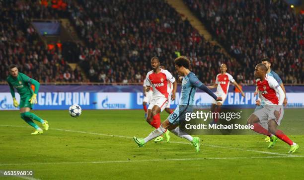 Leroy Sane of Manchester City scores their first goal during the UEFA Champions League Round of 16 second leg match between AS Monaco and Manchester...