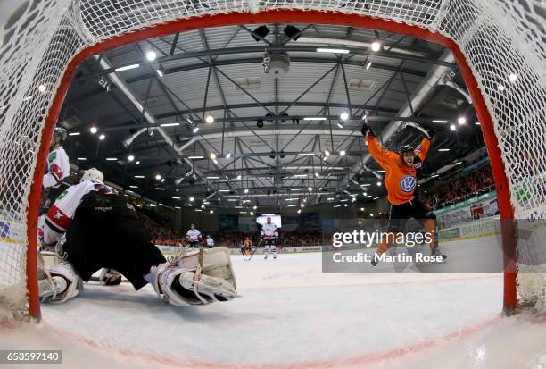 Brent Aubin of Wolfsburg celebrates a goal during the DEL Playoffs quarter finals Game 4 between Grizzlya Wolfsburg and Koelner Haie at BraWo...