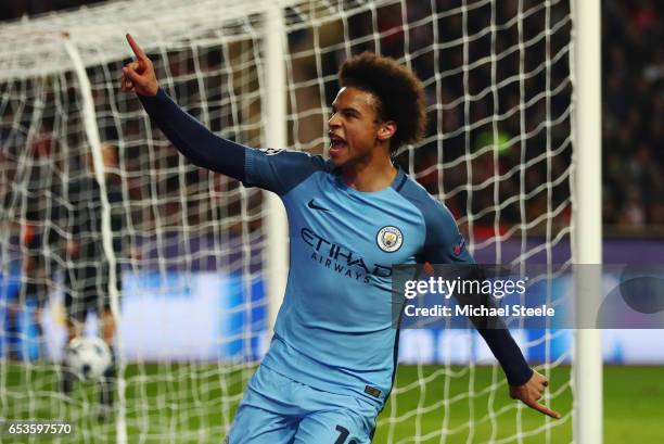 Leroy Sane of Manchester City celebrates as he scores their first goal during the UEFA Champions League Round of 16 second leg match between AS...