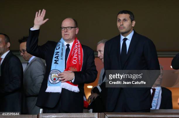 Prince Albert II of Monaco and Chairman of Manchester City Khaldoon Al Mubarak attend the UEFA Champions League Round of 16 second leg match between...