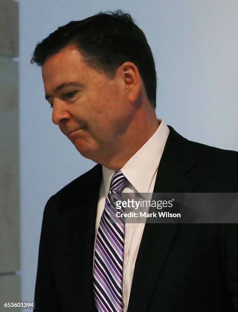 Director James Comey leaves a closed door meeting with Senators at the U.S. Capitol, March 15, 2017 in Washington, DC. Comey will testify in a public...