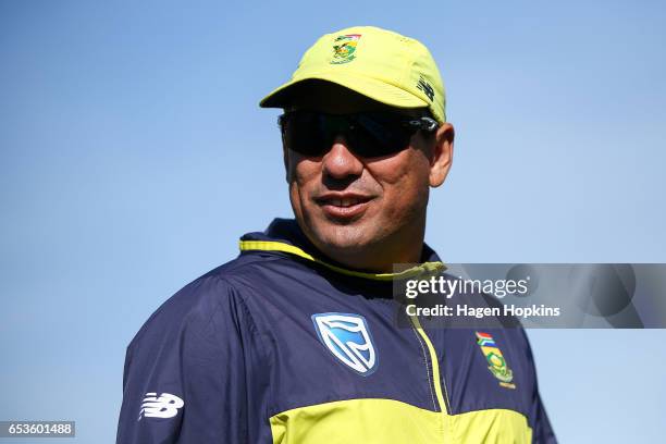 Coach Russell Domingo of South Africa looks on during day one of the Test match between New Zealand and South Africa at Basin Reserve on March 16,...