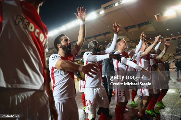 Monaco players celebrate victory after the UEFA Champions League Round of 16 second leg match between AS Monaco and Manchester City FC at Stade Louis...