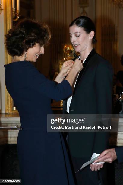 French Minister of Culture and Communication, Audrey Azoulay decorates Marie-Agnes Gillot to the rank of "Chevalier de lordre national de la Legion...