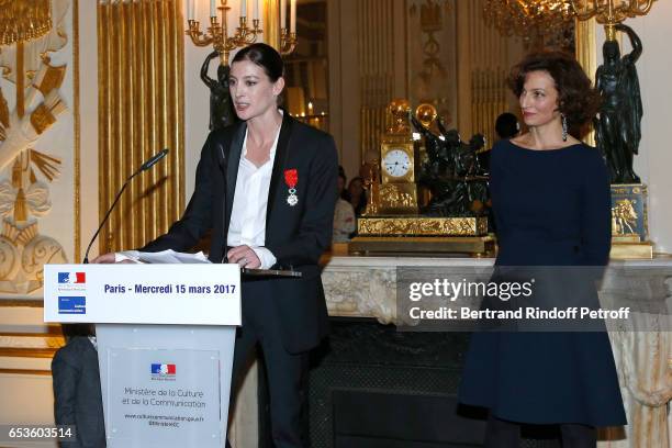 French Minister of Culture and Communication, Audrey Azoulay decorates Marie-Agnes Gillot to the rank of "Chevalier de lordre national de la Legion...