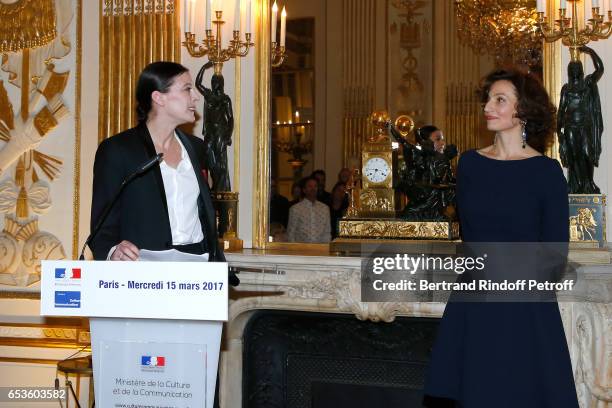 French Minister of Culture and Communication, Audrey Azoulay decorates Marie-Agnes Gillot to the rank of "Chevalier de lordre national de la Legion...