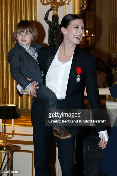 Marie-Agnes Gillot, here with her son Paul, is decorated "Chevalier de lordre national de la Legion d'Honneur" at Ministere de la Culture In Paris on...