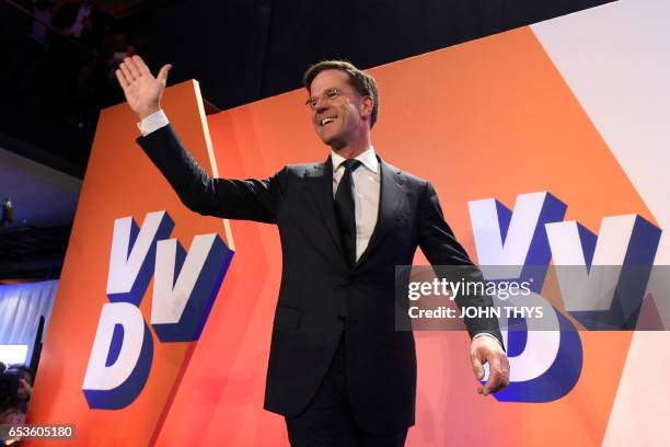 Netherlands' prime minister and VVD party leader Mark Rutte celebrates after winning the general elections in The Hague on March 15, 2017. The...