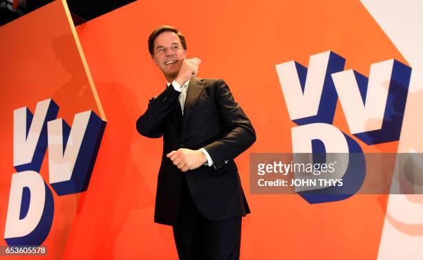 Netherlands' prime minister and VVD party leader Mark Rutte arrives to deliver a speech after winning the general elections in The Hague on March 15,...