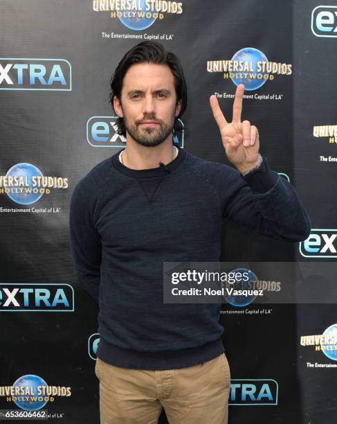 Milo Ventimiglia visits "Extra" at Universal Studios Hollywood on March 15, 2017 in Universal City, California.