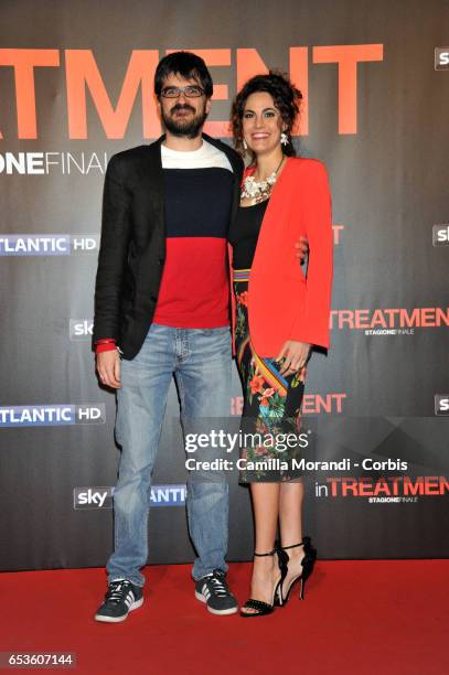 Roan Johnson and Enrica Guidi walk a red carpet for 'In Treatment' on March 15, 2017 in Rome, Italy.