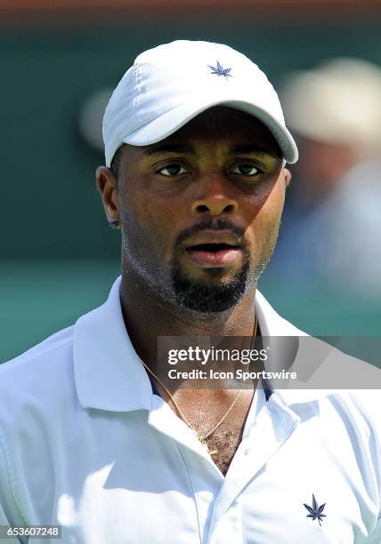 Tennis player Donald Young on the court during a match against Kei Nishikori , on March 15 during the BNP Paribas Open tournament played at the...