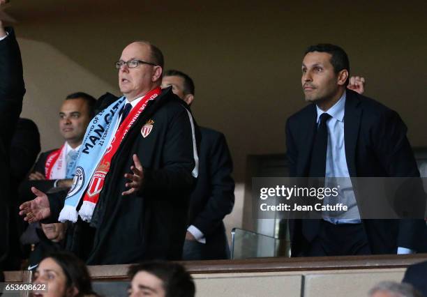 Prince Albert II of Monaco and Chairman of Manchester City Khaldoon Al Mubarak attend the UEFA Champions League Round of 16 second leg match between...