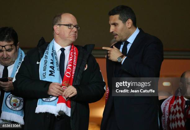 Prince Albert II of Monaco and Chairman of Manchester City Khaldoon Al Mubarak following the UEFA Champions League Round of 16 second leg match...