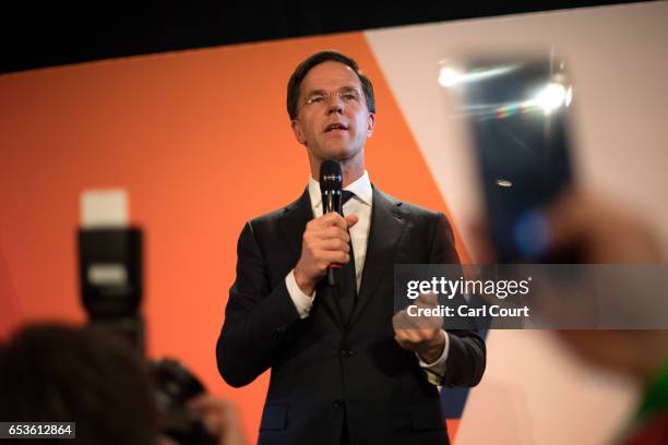 Dutch Prime Minister Mark Rutte makes a speech following his victory in the Dutch general election on March 15, 2017 in The Hague, Netherlands. Dutch...