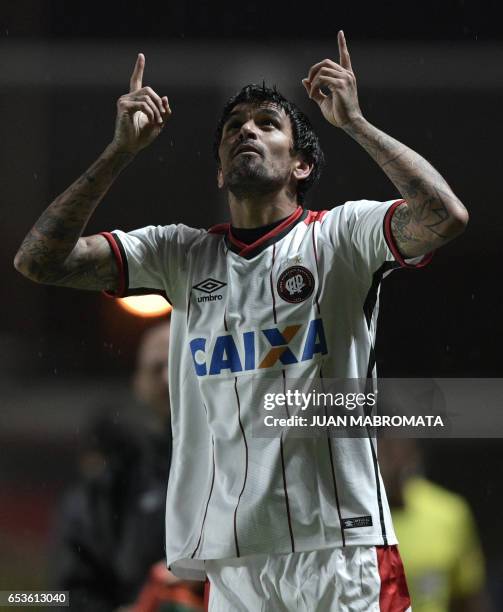 Brazil's Atletico Paranaense midfielder Lucho Gonzalez celebrates after scoring against Argentina's San Lorenzo during the Copa Libertadores 2017...