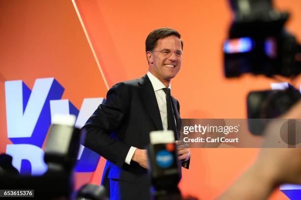 Dutch Prime Minister Mark Rutte makes a speech following his victory in the Dutch general election on March 15, 2017 in The Hague, Netherlands. Dutch...