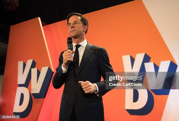 Dutch Prime Minister Mark Rutte makes a speech following his victory in the Dutch general election on March 15, 2017 in The Hague, Netherlands. Dutch...