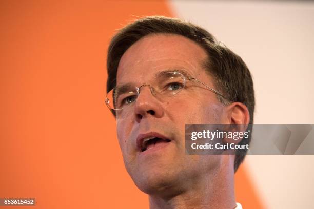 Dutch Prime Minister Mark Rutte makes a speech following his victory in the Dutch general election on March 15, 2017 in The Hague, Netherlands. Dutch...