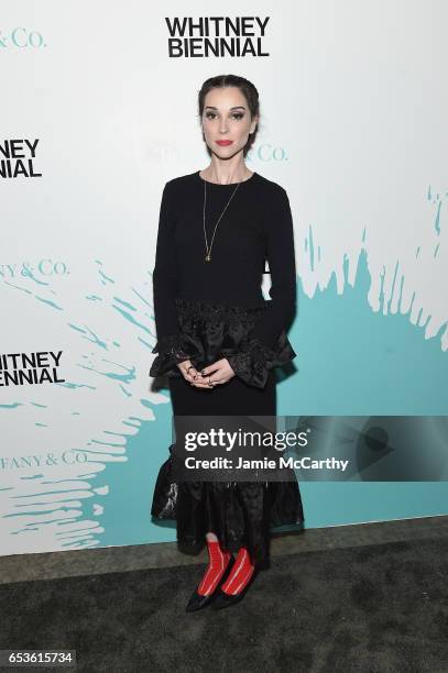 Musician St. Vincent attends the Tiffany & Co. Presents Whitney Biennial VIP Opening Night at The Whitney Museum of American Art on March 15, 2017 in...