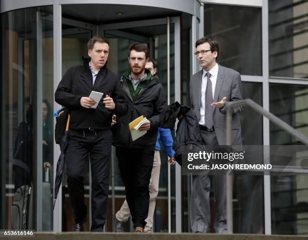 Washington State Attorney General Bob Ferguson exits US District Court following a hearing about US President Donald Trump's travel ban at the US...