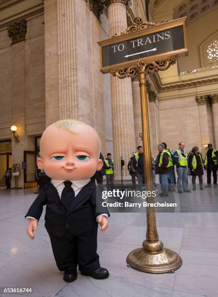 To promote the new DreamWorks movie "The Boss Baby," the costume character of The Baby made an appearance at Union Station on March 15, 2017 in...