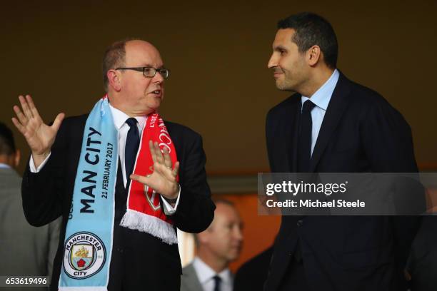 Prince Albert II of Monaco in discussion with Manchester City chairman Khaldoon Al-Mubarak prior to the UEFA Champions League Round of 16 second leg...