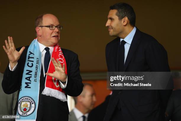 Prince Albert II of Monaco in discussion with Manchester City chairman Khaldoon Al-Mubarak prior to the UEFA Champions League Round of 16 second leg...