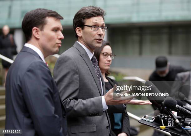 Washington State Attorney General Bob Ferguson , Solicitor General Noah Purcell and Civil Rights Unit Chief Colleen Melodyaddress the media following...