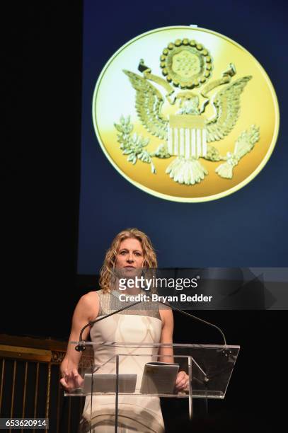 Executive Director of Jefferson Awards Foundation Hillary Schafer speaks onstage during the Jefferson Awards Foundation 2017 NYC National Ceremony at...