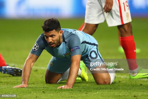 Sergio Aguero of Manchester City reacts after missing a goal scoring chance during the UEFA Champions League Round of 16 second leg match between AS...