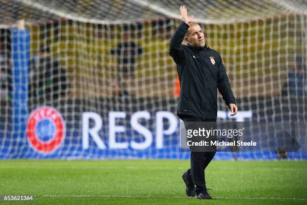 Leonardo Jardim the coach of Monaco waves to the home supporters ahead of the UEFA Champions League Round of 16 second leg match between AS Monaco...